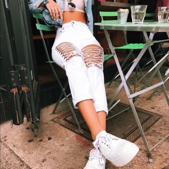 Lf Carmar White High Waisted Hermia Loose Straight Crop Lace Up Front Jeans - Picture 4 of 15